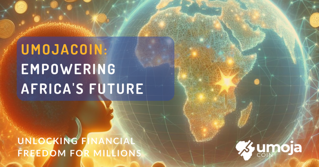 African continent illuminated by UmojaCoin logos, symbolizing financial inclusion and empowerment