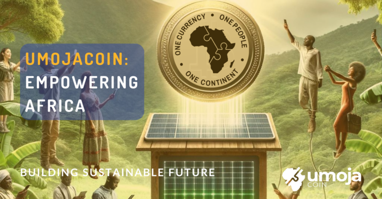 A diverse African community engaging with technology in a sustainable environment, illuminated by the promise of Umoja Coin.