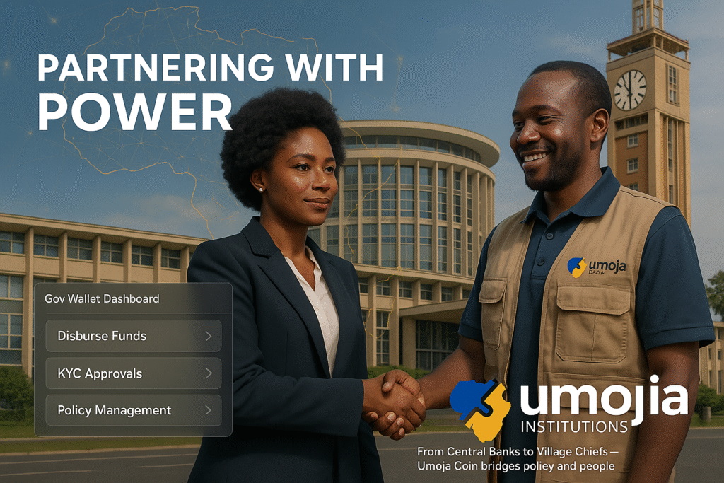 Two professionals, one in formal attire and the other in an Umoja vest, shake hands in front of the Kenyan Parliament Buildings, symbolizing a partnership between Umoja Coin and government institutions.